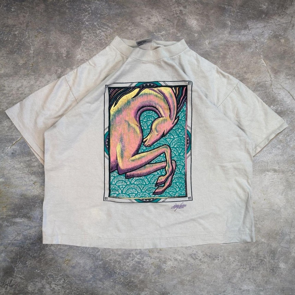 Vintage 1995 Horse Art Cropped Graphic Tee Women's Size Large Boxy Fit 90s Shirt